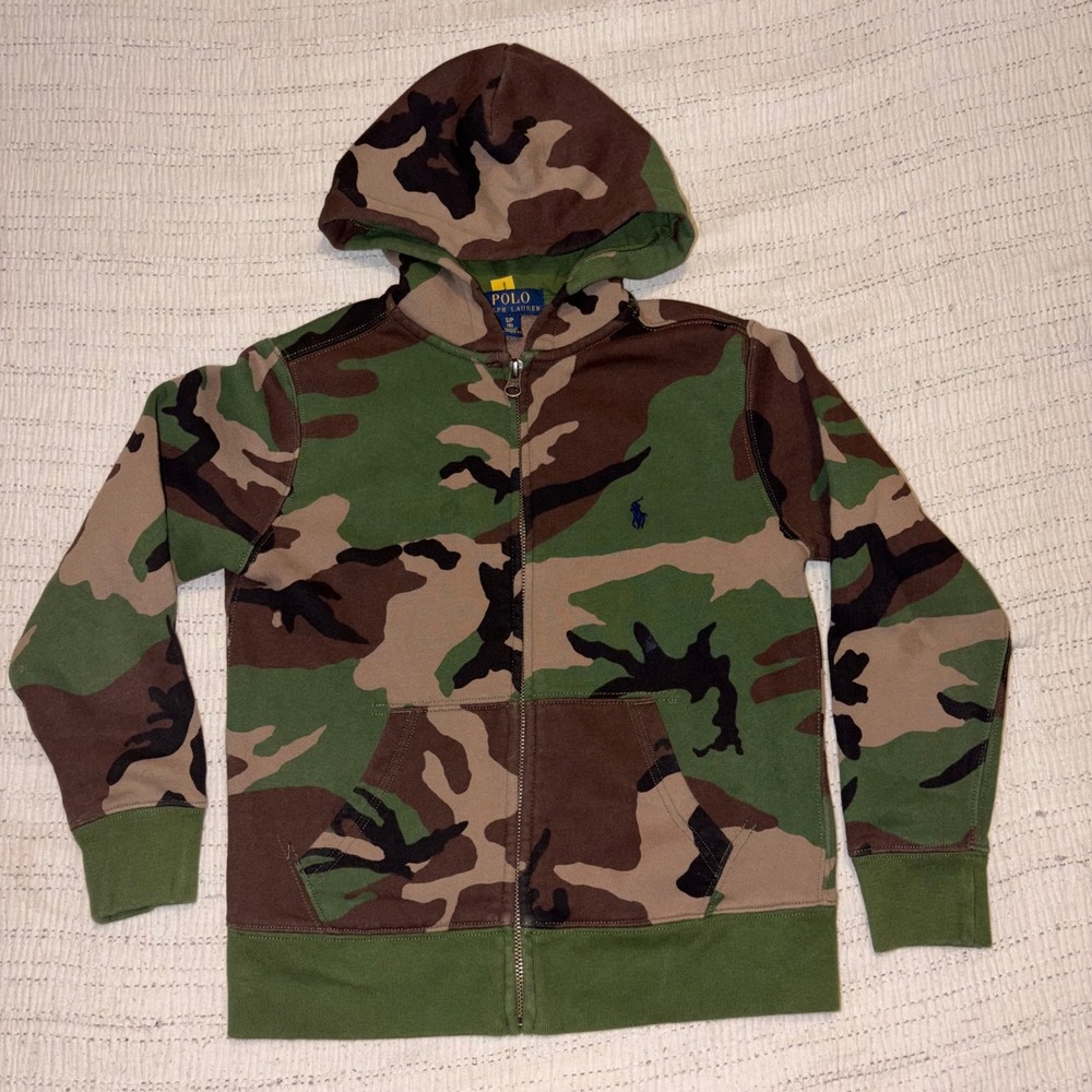 Polo Ralph Lauren Kids Camo Full Zip Hoodie Green Brown Size S 8 Pony Logo